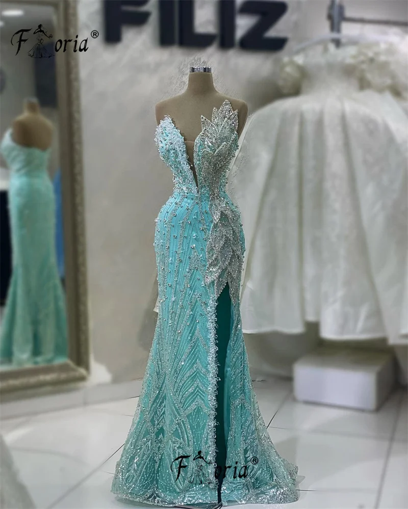 

Роскошные вечерние платья мятно-зеленого цвета с 3D аппликациями в виде листьев, прозрачными кристаллами, в стиле русалка, для выпускного вечера, свадебные платья, индивидуальный пошив.