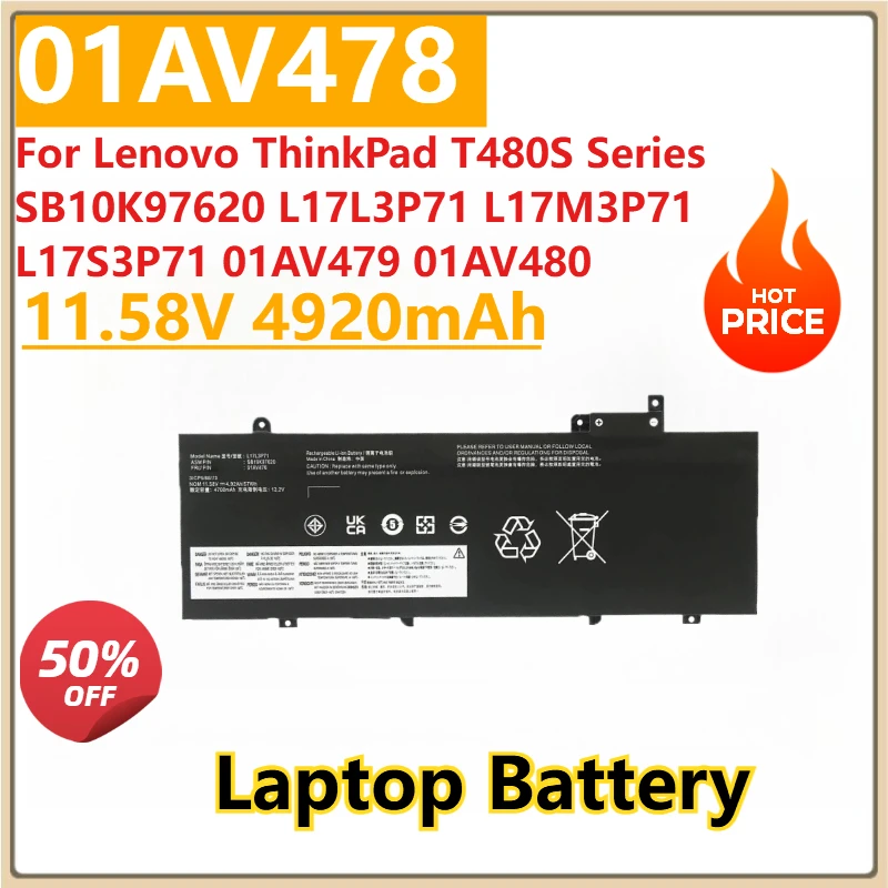 

01AV478 11.58V 4920mAh Replacement Laptop Battery for Lenovo ThinkPad T480S Series SB10K97620 L17L3P71 L17M3P71 L17S3P71 01AV479