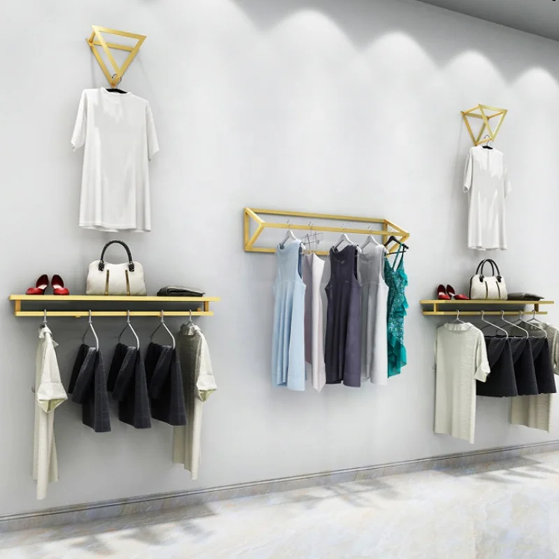 Custom, Unique Boutique Metal Display Rack Gold Wall Mounted Shelf for Hanging Clothes Garment Pants Suit