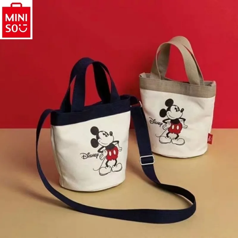 MINISO Disney Cute Mickey Cartoon Canvas Mickey Bucket Bag Women\'s Fashion Versatile Handbag