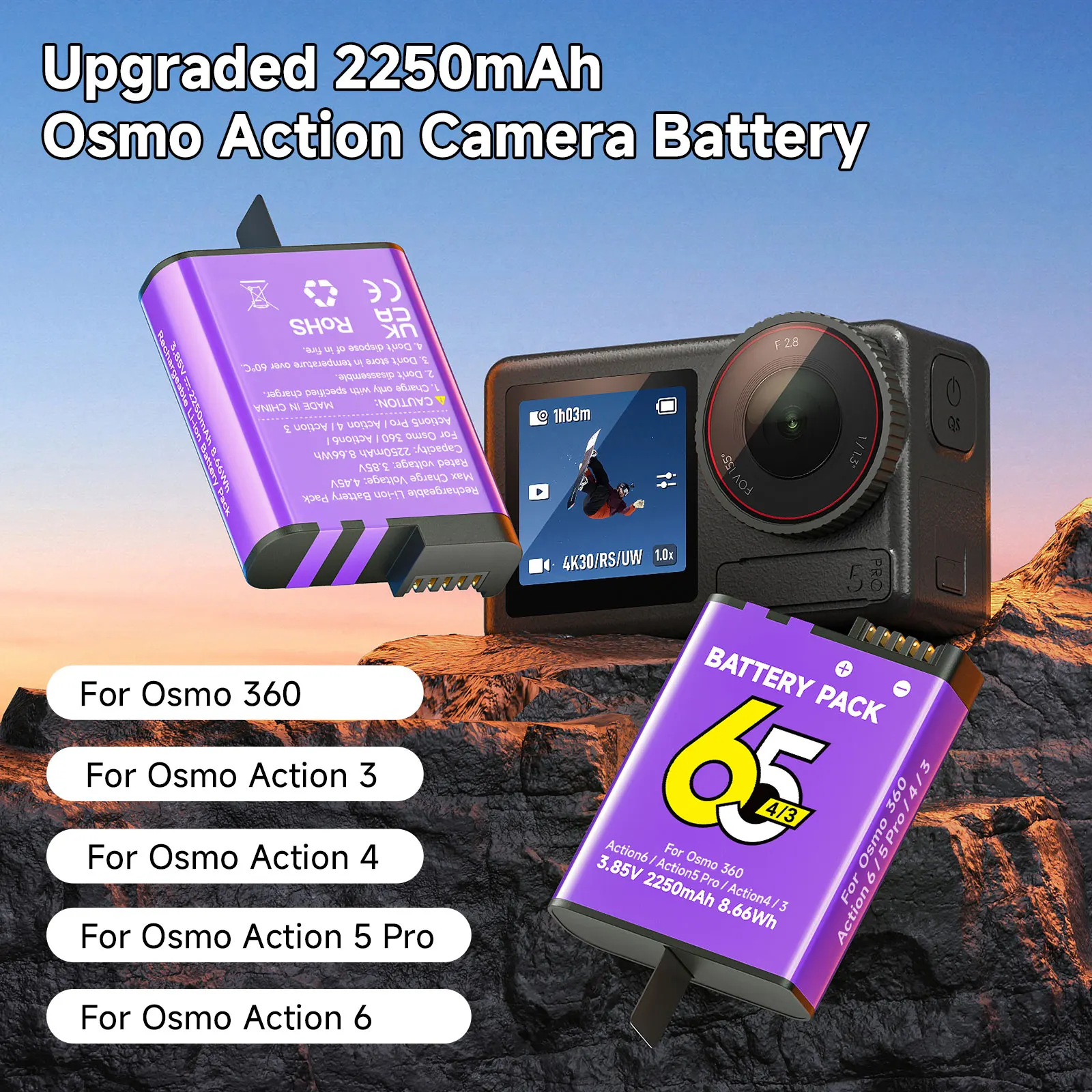 For DJI Osmo Action 6 Action 5 Pro Action 4/3 Battery 2250mAh and 2 Slots Charger For DJI Osmo Action 5 Pro Osmo 360 Accessories