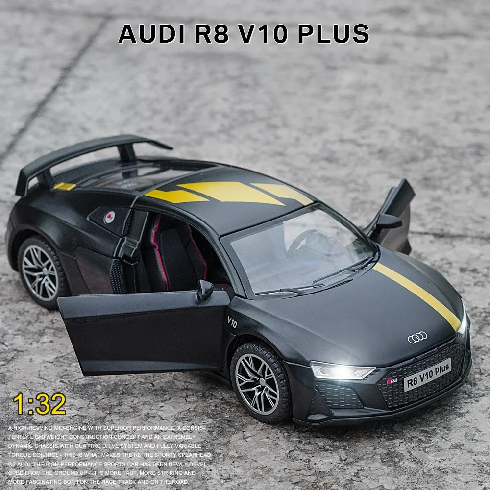 1:32 Audi R8 V10 Plus Supercar Alloy Car Model Diecasts Metal Toy Vehicle Sound And Light Pull Back Simitation Collection Gifts