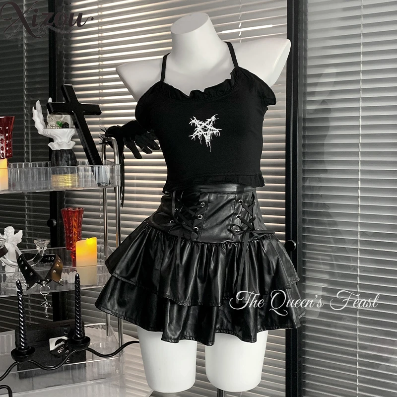 

Two Piece Sets Womens Outifits Summer Fashion Girl Subculture Girl Casual Suit Y2K Style Sexy Suspender Vest and Skirt Sets