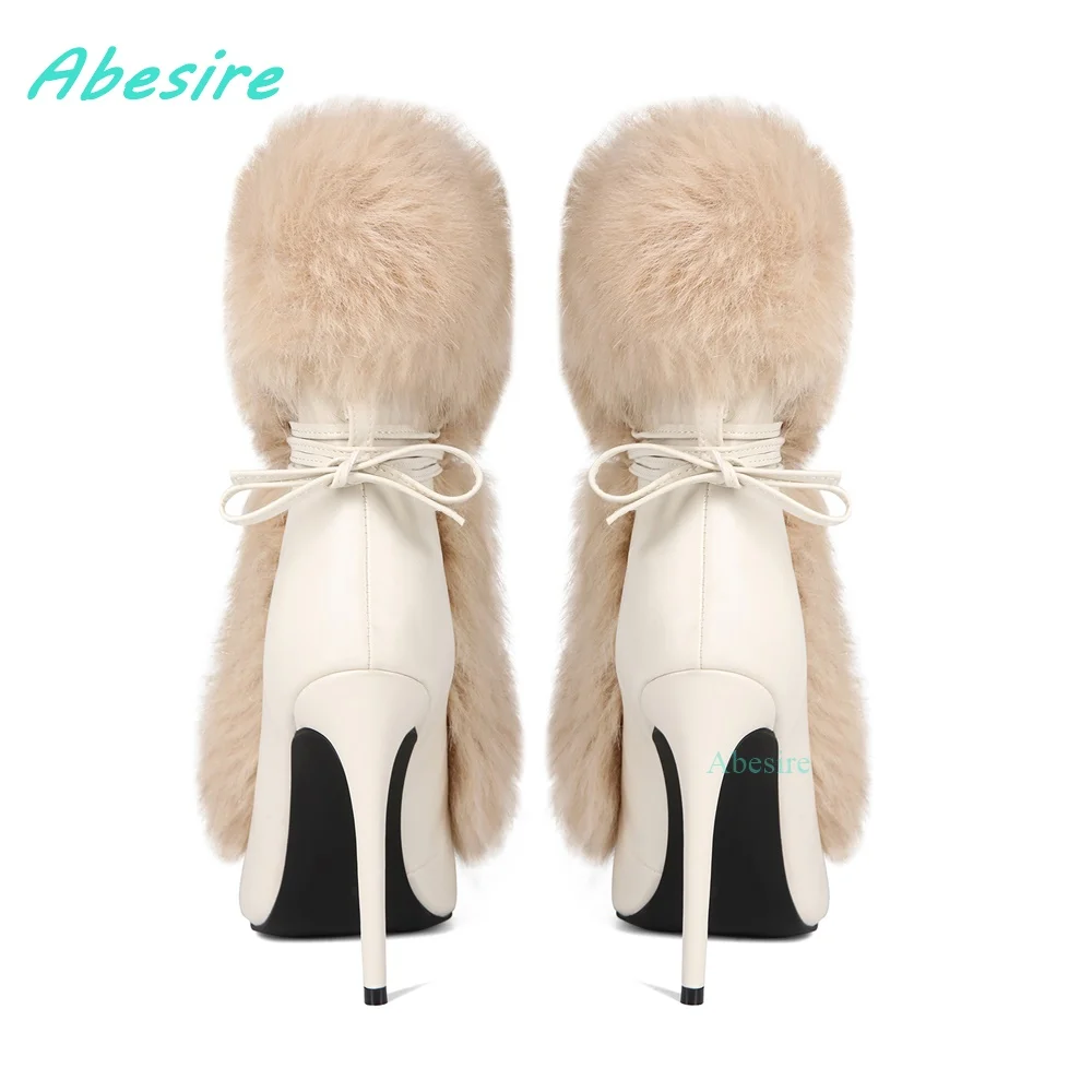 رقيق الفراء الكاحل حزام الأحذية أشار تو الجلود المرقعة Soild رقيقة الكعوب الأحذية النسائية البيج الدانتيل يصل مثير عشاء أحذية الحفلات