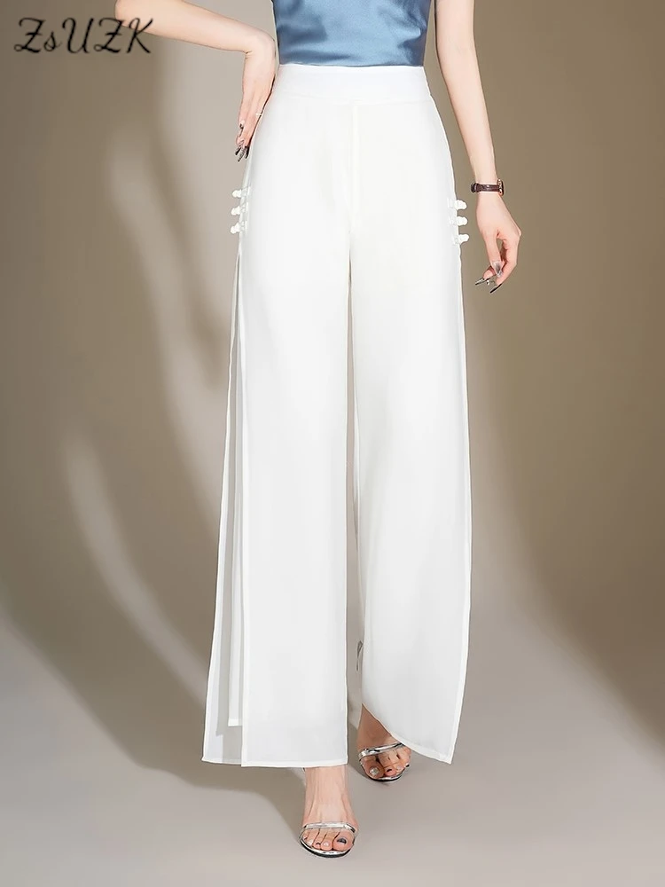 

ZUZK Slit Chiffon Long Pants Summer Comfortable Elastic Waist Slim Double Layer Chiffon Pants Chic Droop Chinese Style Pants