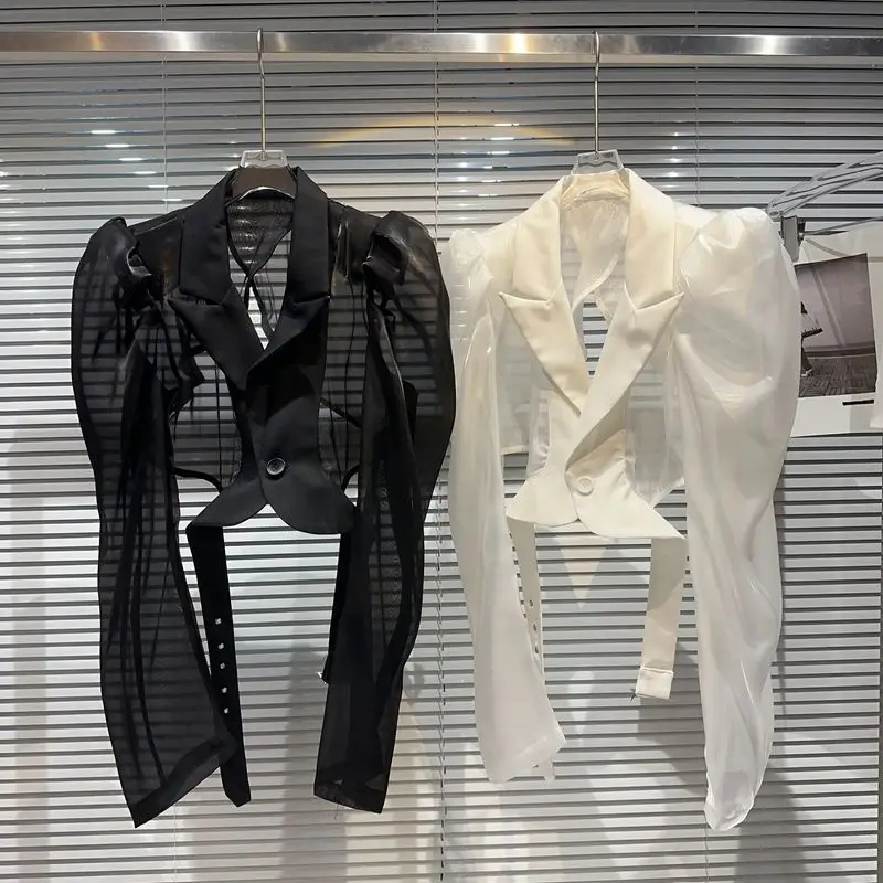 2026 Spring Strap Waist Shoulder Pads Bubble Sleeves Glass Silk Sunscreen Suit Short Jacket