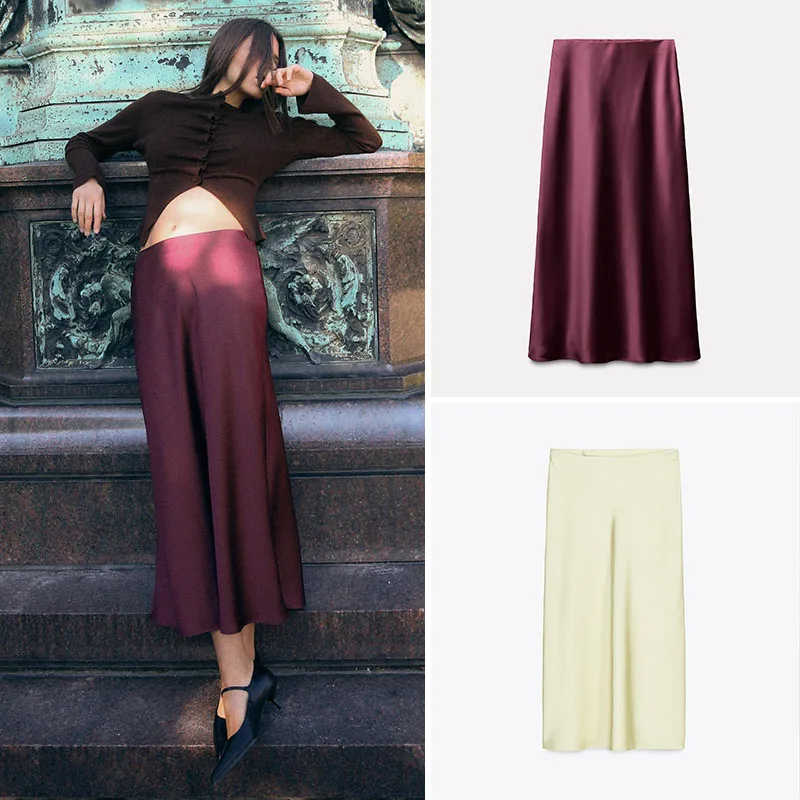 

New Summer Women's Silk Satin High Waist Elastic Midi Skirt Street Sle Pure Color Faionable And Ele 2025