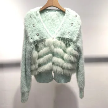 Sevimli kadın kısa gerçek tilki kürk şerit örme hırka uzun kollu sonbahar sıcak hakiki kürk ceket