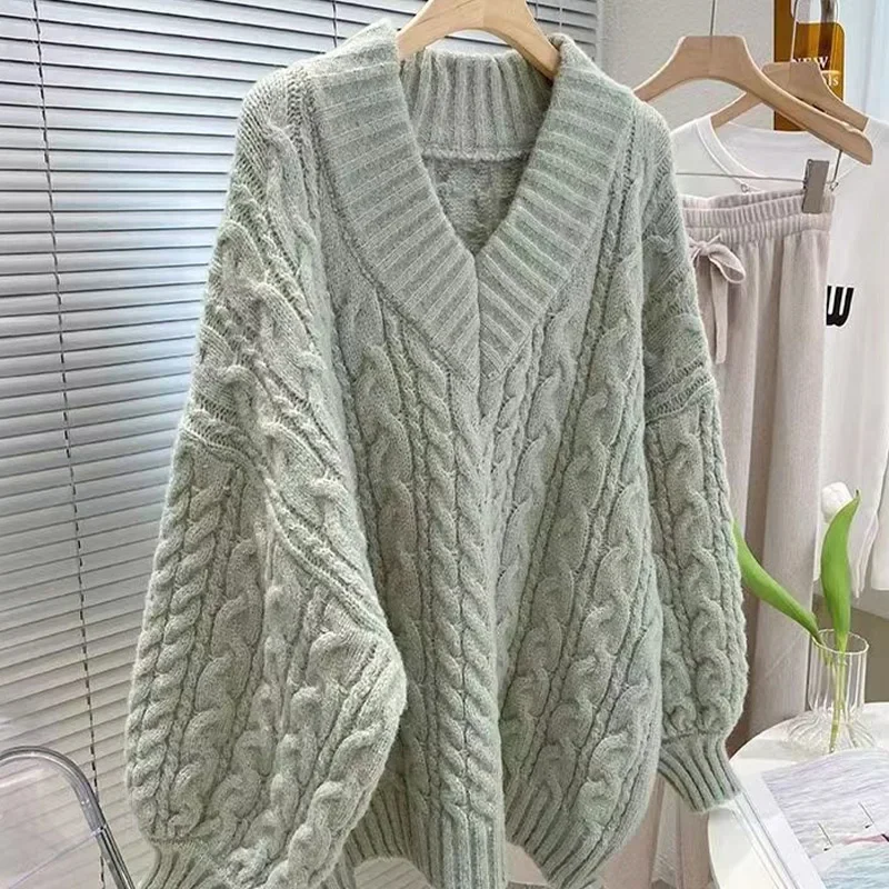 Suéter grueso de manga larga con cuello en V para mujer, Top de punto cálido holgado y adelgazante, estilo perezoso, Otoño e Invierno