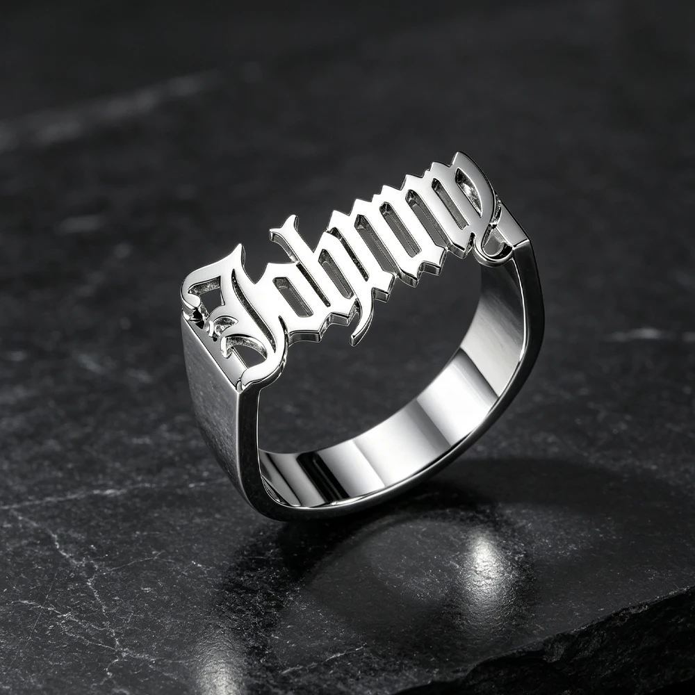 Customizable Old English Gothic Name Ring Hollow Letter Cutout Stainless Steel Hip Hop Statement Ring Personalized Jewelry Gift