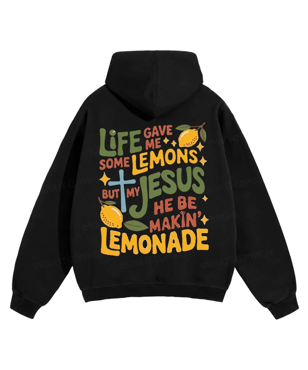 Vintage Christian Hoodie Front Lemon Cross Print Kangaroo Pocket Drawstring Pullover For Unisex Oversized Comfortable Sweatshirt