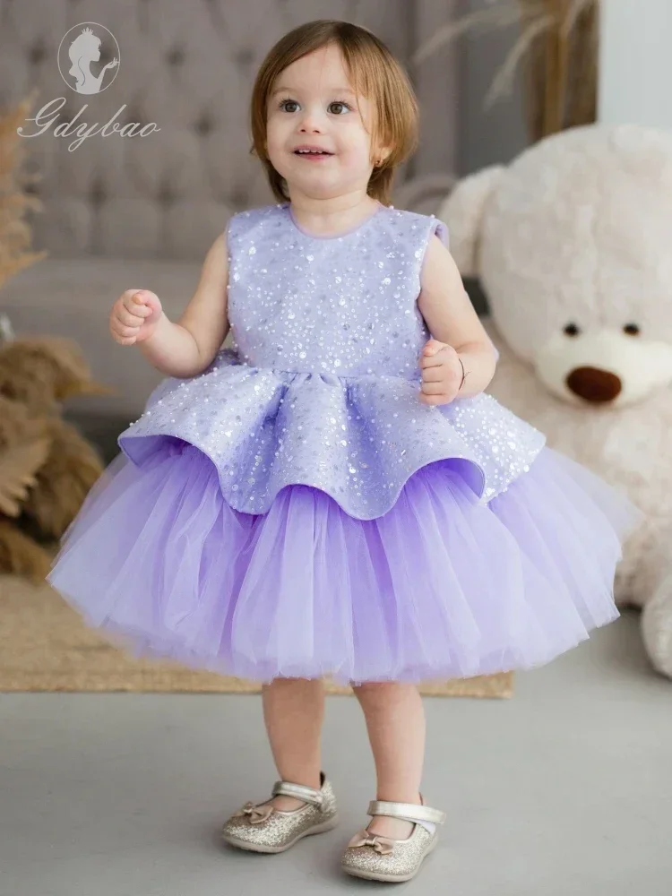 Purple  Flower Girl Dresses Tulle Puffy Sequin With Bow Sleeveless For Wedding Birthday Party First Communion Gowns