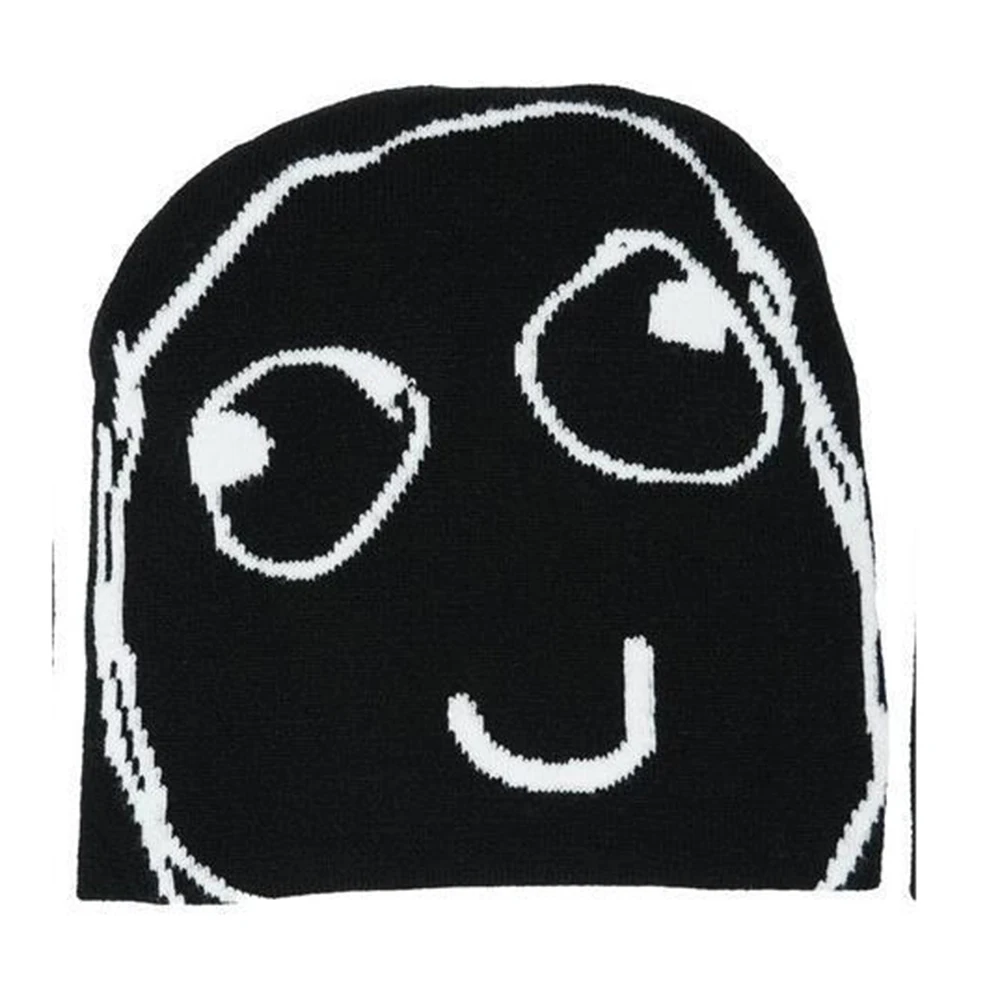 Unisex Y2K Meme Face Knit Beanie, Funny Cartoon Expression Graphic Skull Cap, European American Hip Hop Streetwear Casual Warm
