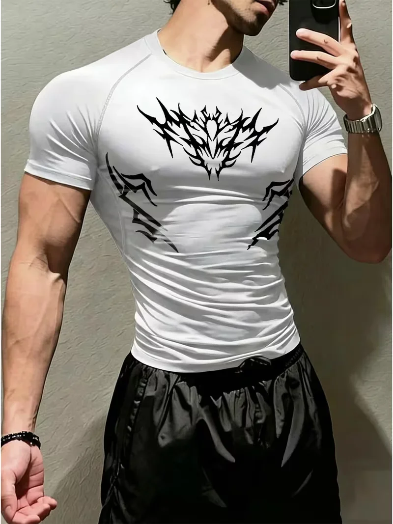 Men's Sports Tight Short Sleeved Shirt with Pink Spider Pattern Print Design Breathable Quick Drying Sweat Absorbing