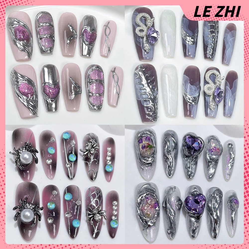 

Y2K Spice Girl Handmade Heavy Metal Wind Wearable Press On Nails Magic Mirror Powder Diamond Long Coffin Full Cover Nail Tips