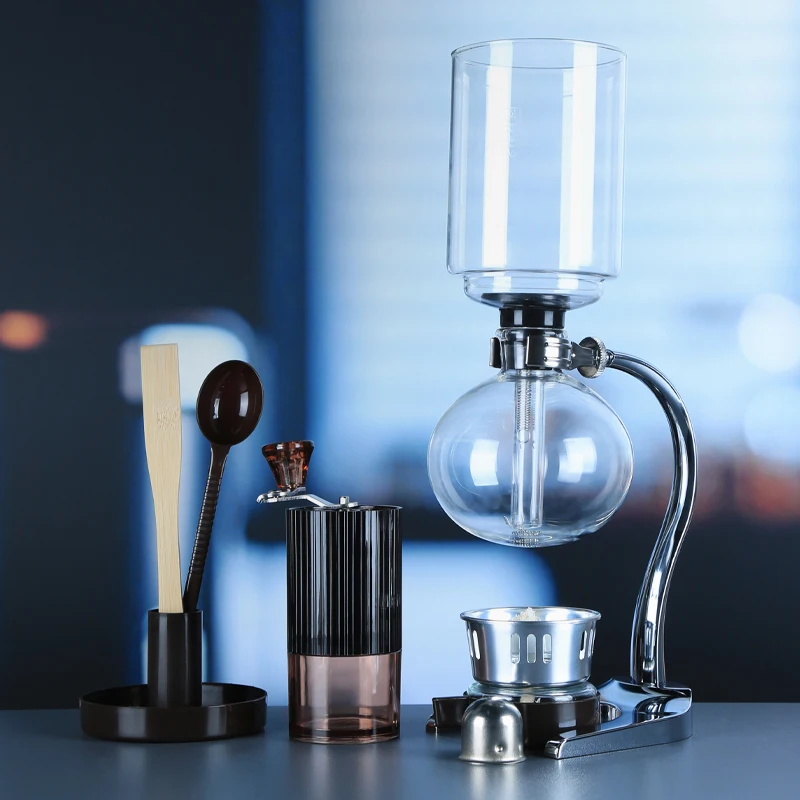 Stainless Steel Balance Heating Resistant Glass Syphon Coffee Maker Siphon Set with Coffee Grinder