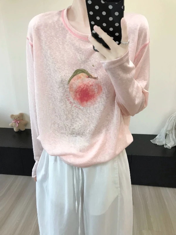Autumn Pink Peach Flavor Long Sleeve Loose Casual Thin T-Shirt Women's Comfortable Breathable Slimming Cover up Top