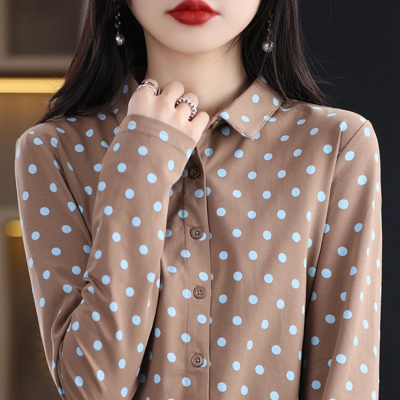 Women\'s New 100% Cotton Soft Sweater Polka-dot Knitted Polo Collar Long Sleeve Cardigan Spring Summer Shirt Ladies\' Blouse Top