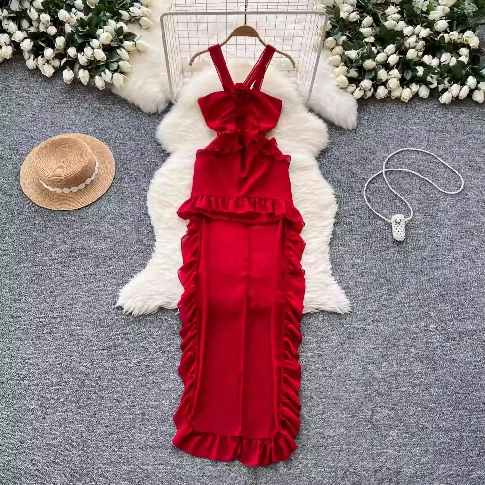 Women Vintage Sleeveless Elegant Rose Floral Chic Asymmetrical Ruffles Slim Straps Dresses French Evening High Street Clothing