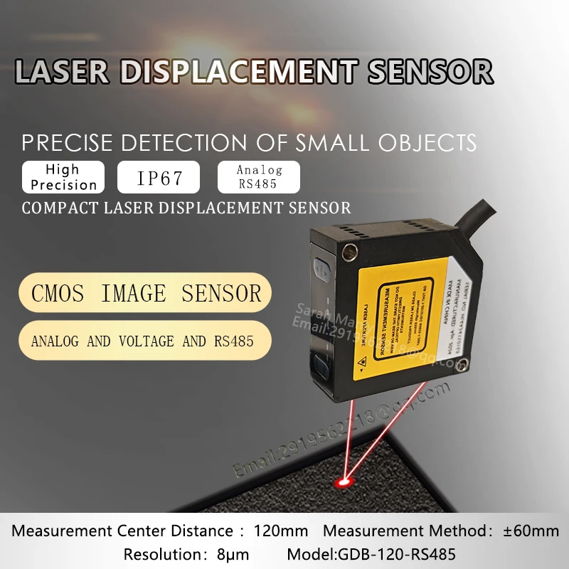 Measurement center distance 120mm Resolution 8μm IP67 Digital display CMOS image Analog RS485 Laser displacement sensor