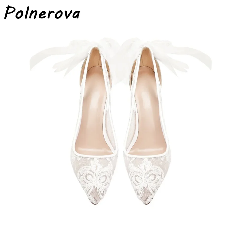 تنفس الانحناء الزفاف مضخات الدانتيل الأبيض فراشة عقدة جوفاء رقيقة الكعوب أحذية أنيقة 2025 المرأة فستان صيفي أنيق الأحذية #4