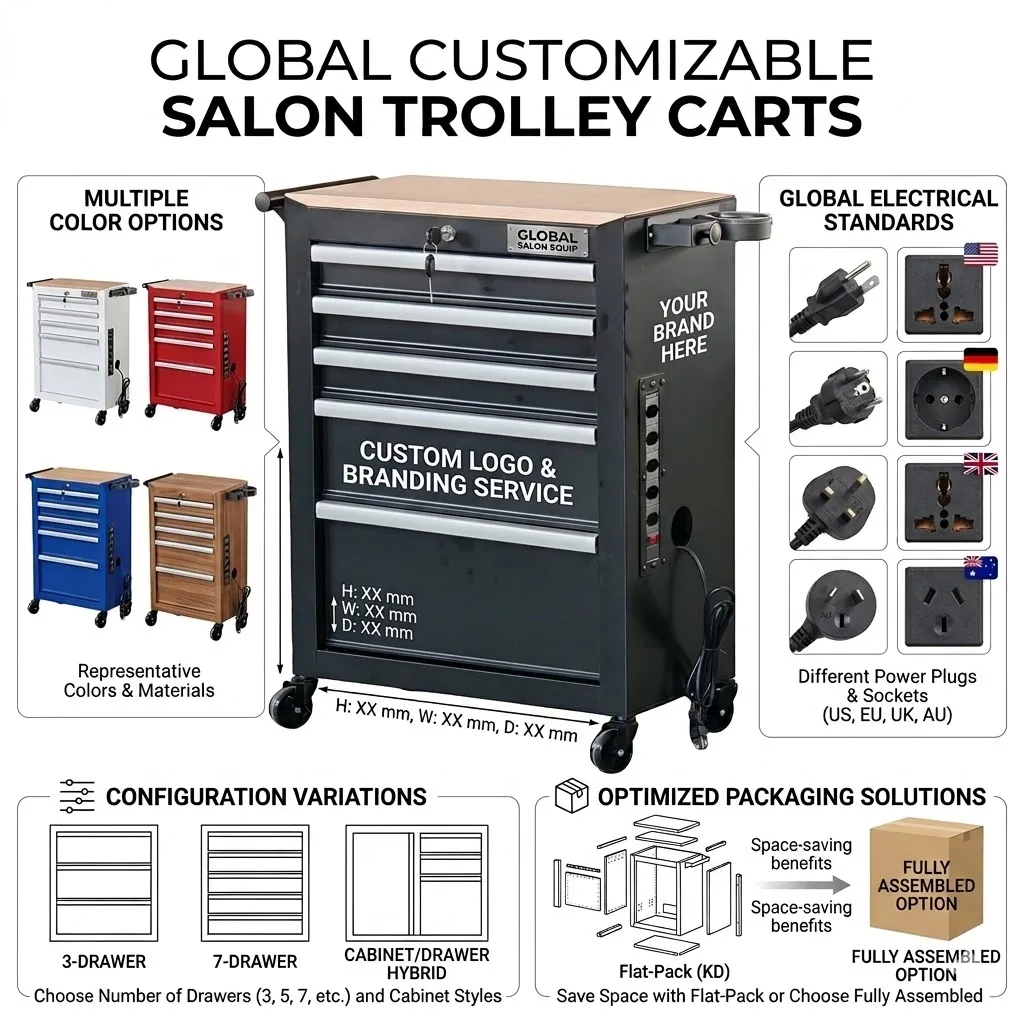 5 Drawer Metal Barber Salon Tool Cabinet Rolling Storage Cart with Socket and Hair Dryer Holder