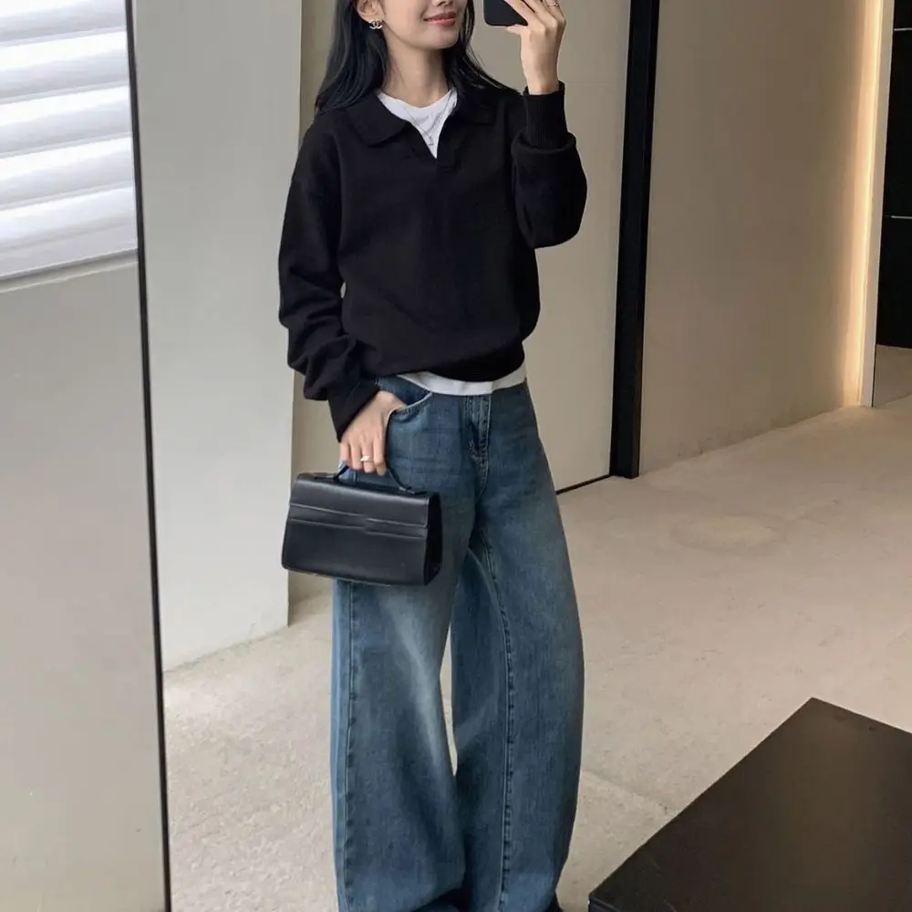 

Comfortable Solid Color Flip Collar Cardigans Loose Simple Sweater Coat Pullover Ins Knitted Top for Women Autumn