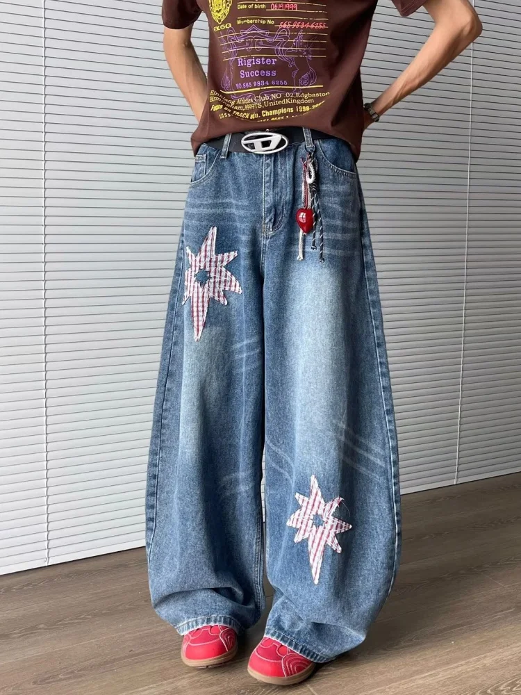 2025年日本のY2Kファッションスター刺繍バギースタックドジーンズパンツメンズ服ヴィンテージブルーストレートゴシックデニムトラウザーズ