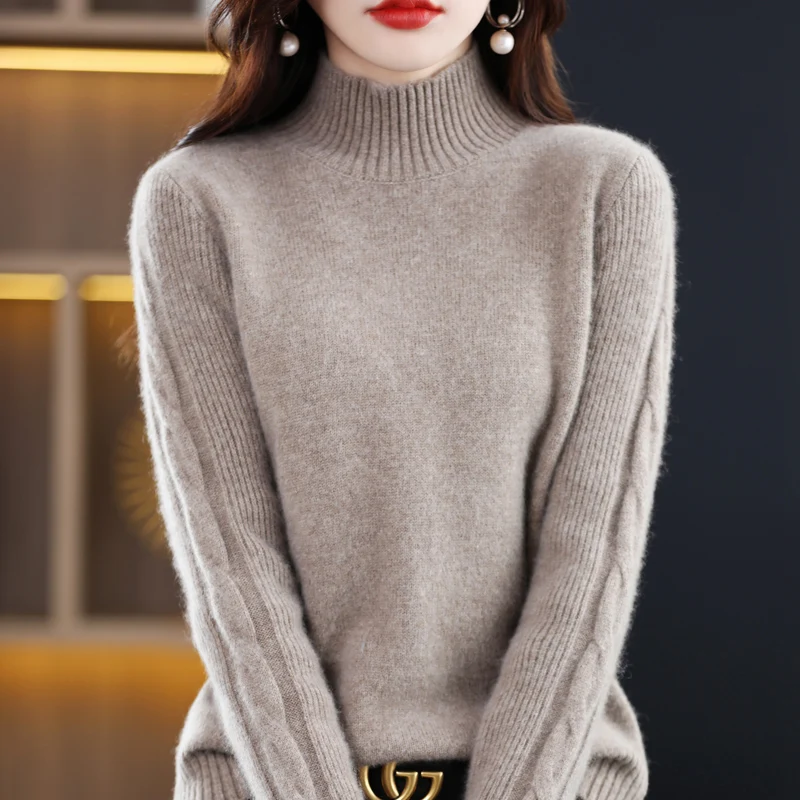 

100 Pure Woolen Sweater Women's Solid Half High Collar Versatile Long Sleeve Autumn Winter New Knitted Undercoat Loose Cashmere