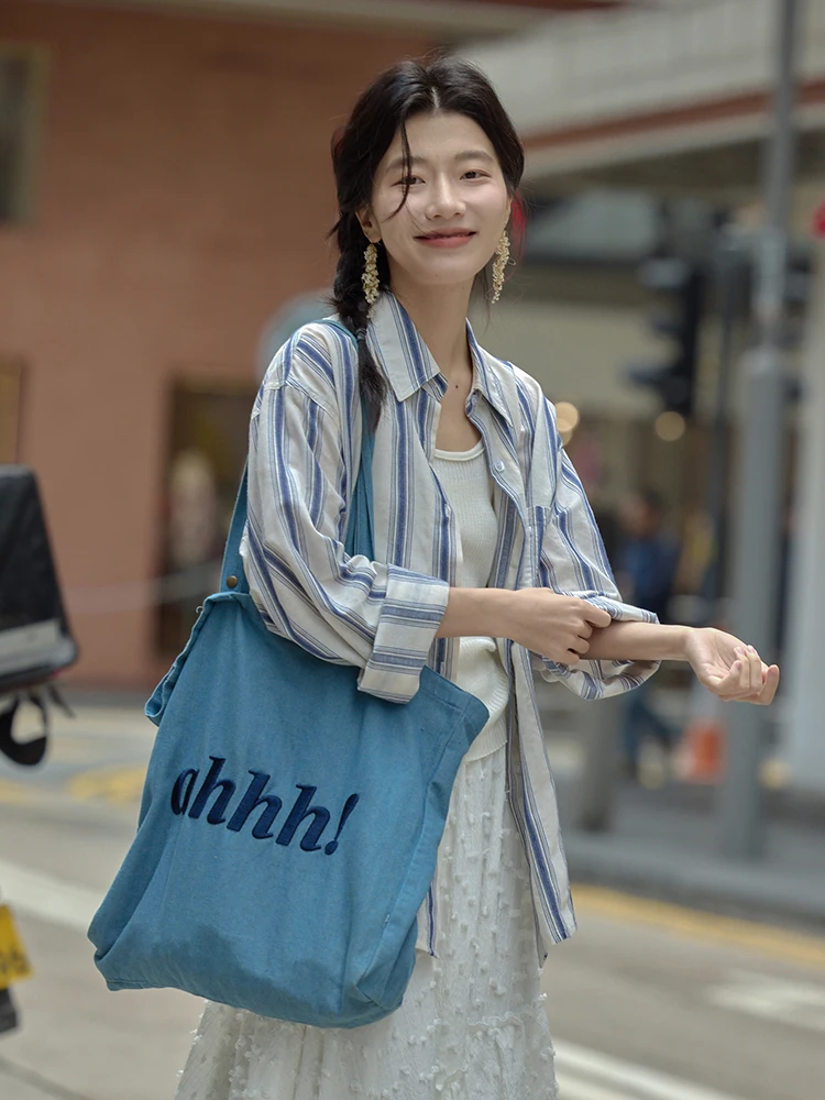 

Синяя полосатая женская свободная рубашка с длинным рукавом, весенняя новинка, повседневный топ-рубашка в стиле кэжуал