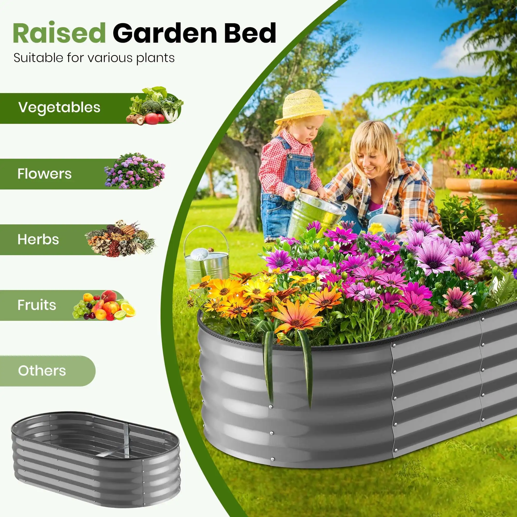 Galvanized Raised Garden Bed 4x2x1ft Oval Metal Planter Box Easy Assembly Dark Gray
