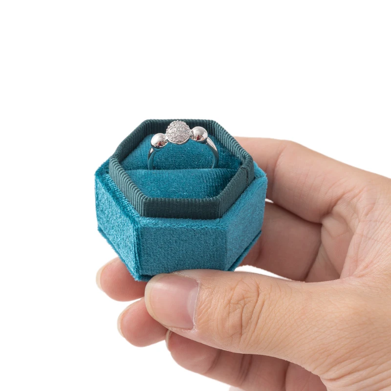 Vintage Hexagon Velvet Ring Box With Detachable Lid Jewelry Case Earring Organizer Storage Proposal Engagement Wedding Display
