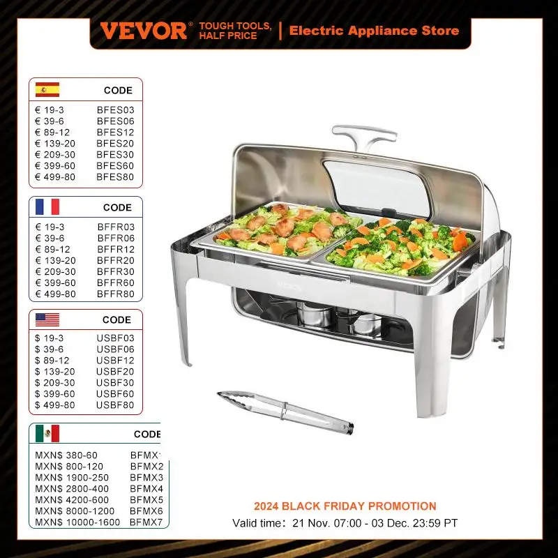 VEVOR 9QT Roll-top Chafing Dish Buffet Set Stainless Steel Chafer w/2 Half Pans Rectangle Catering Warmer w/Lid Fuel Holder