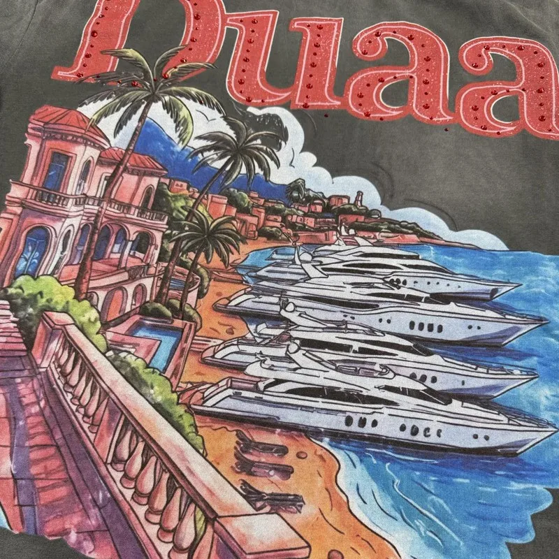Coastal Yacht Print DUAA Tshirts Cotton Viantge Washed Black Round Neck Top Tee Hiphop Street Men Women Short Sleeve Outfit