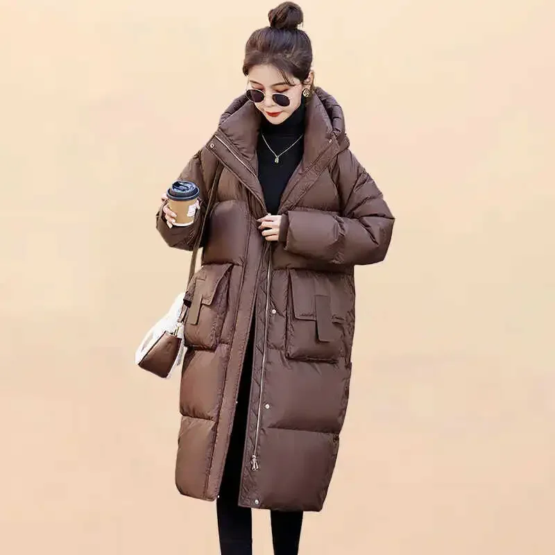 Casaco parker engrossado com capuz feminino manga longa quente à prova de vento jaqueta de inverno sólido para baixo algodão acolchoado elegante chique outwear