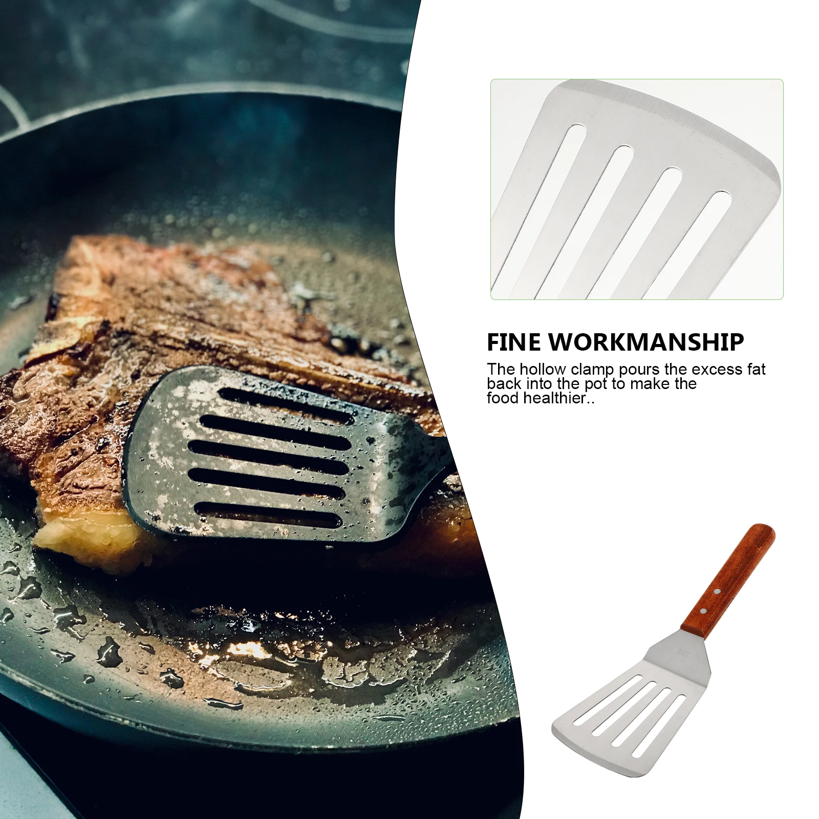 

Stainless Steel Wooden H Frying Spatula Hollow Design Pouring Excess Fat Back Kitchen Tool Fish Steak Shovel Cooking