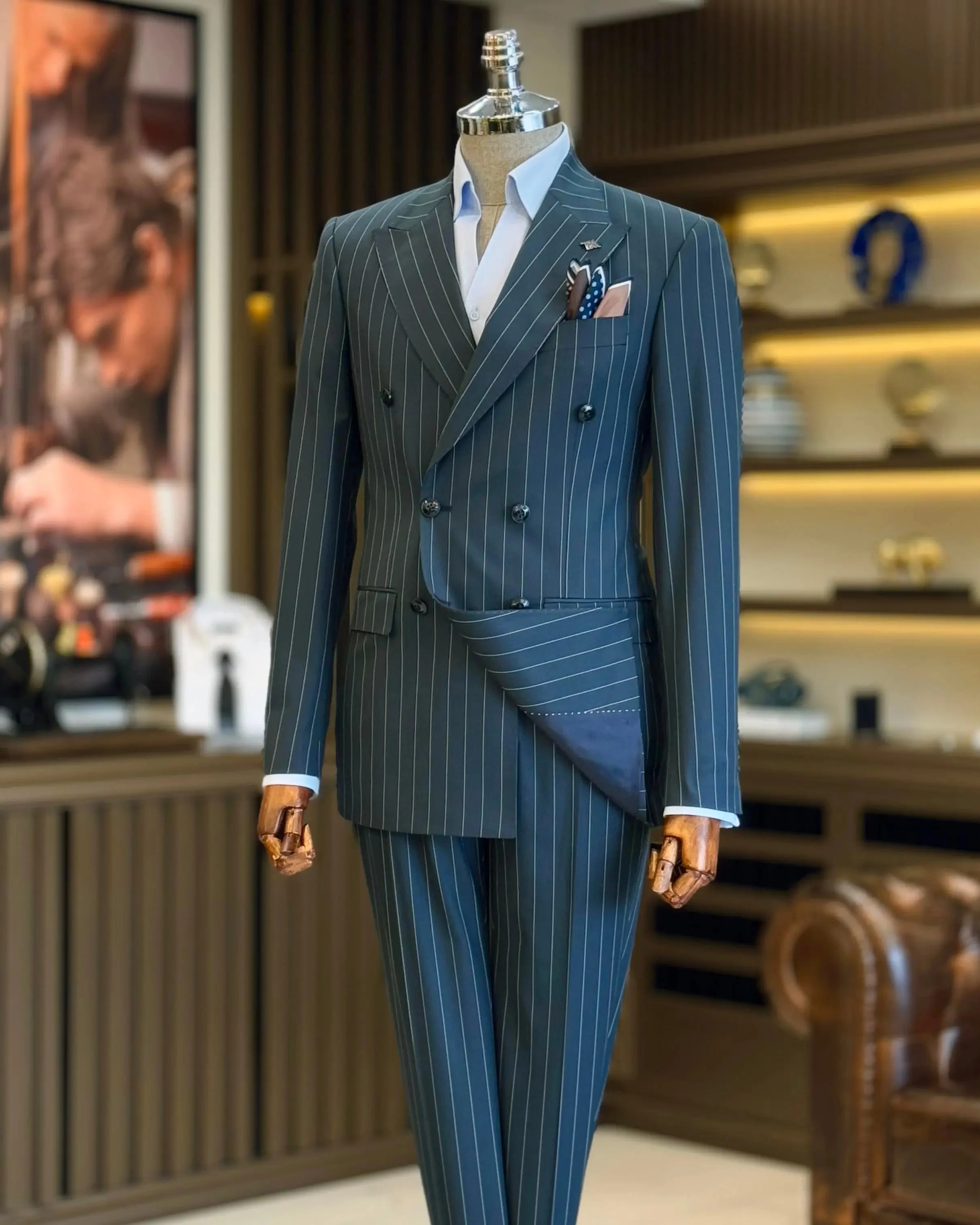 Dark Teal Pinstripe Tuxedo Double Breasted Men Peak Lapel Jacket Trousers Blazer Formal Wedding Groom Business Customized New