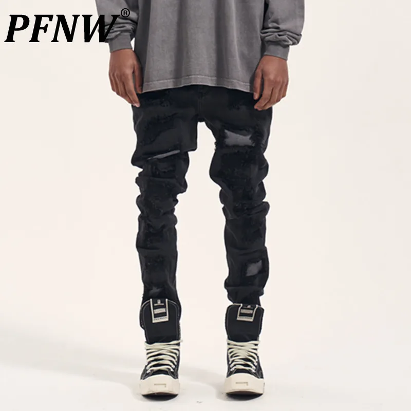 

PFNW Men's Denim Pants Worn-out Washing Hole Slim Trousers Straight Leg Menwear Solid Color Loose Autumn Jeans 2024 12C623