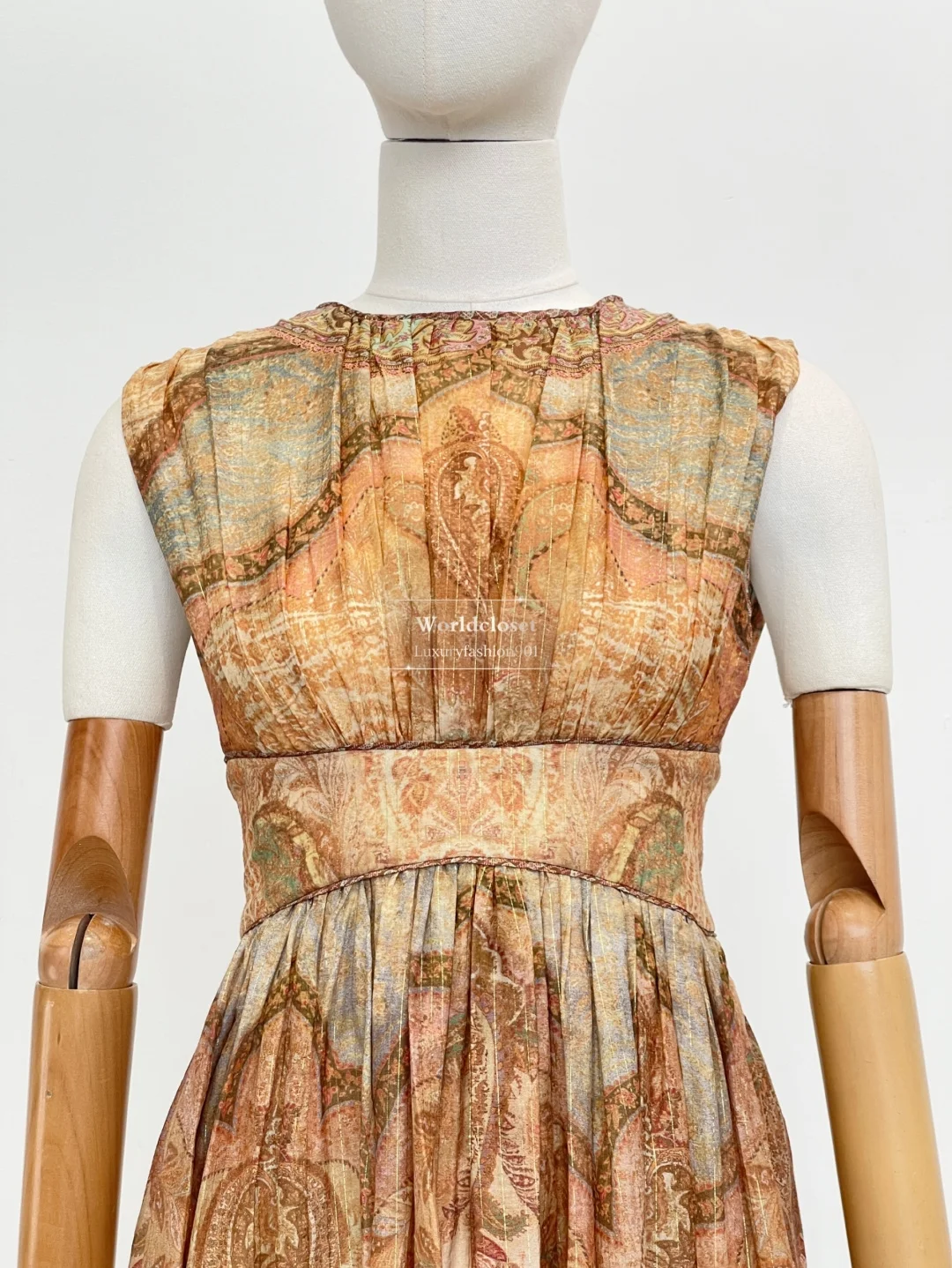 2026 Nieuwste lente zomer bruine bloemen paisley taille mouwloze dames midi-jurk van hoge kwaliteit