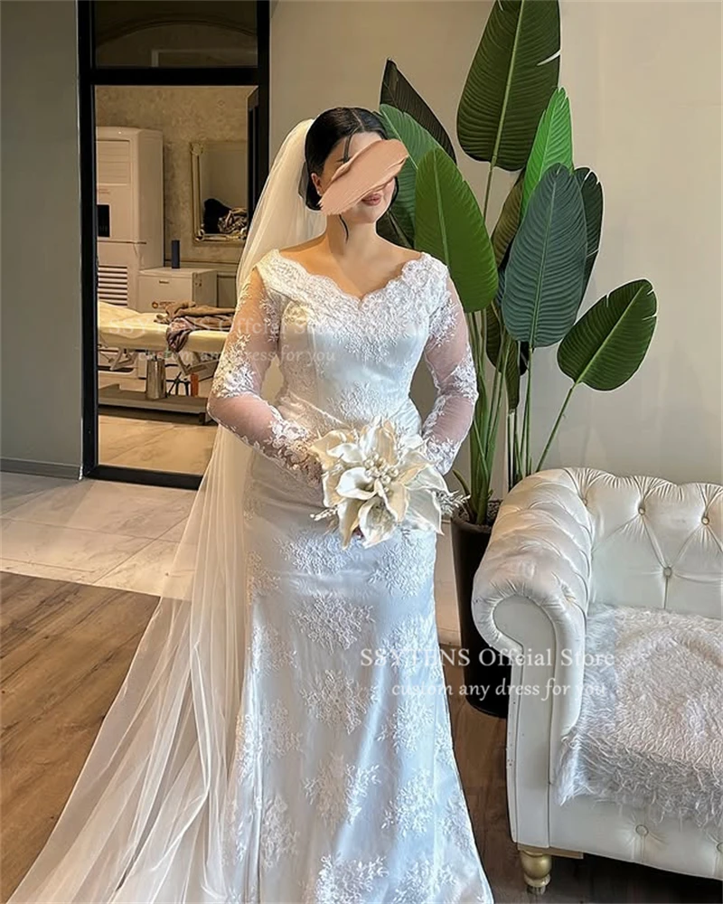 SSYTENS 2025 White Mermaid Wedding Dresses Dubai Long Sleeves Full Lace Bridal Dress Saudi Evening Wedding Prom Gowns Customized