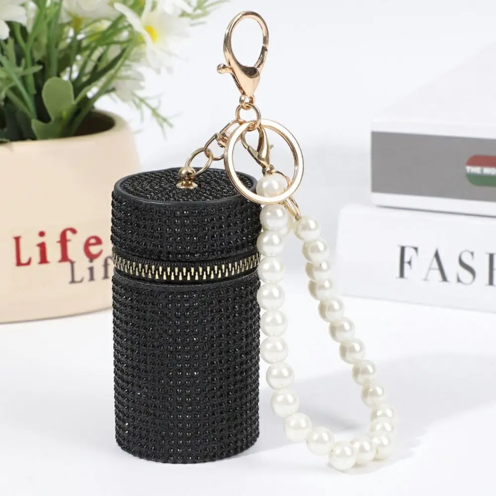 Simple Rhinestone Lipstick Bag Zipper Cylindrical Coin Purse with Keychain Mini Coin Bag