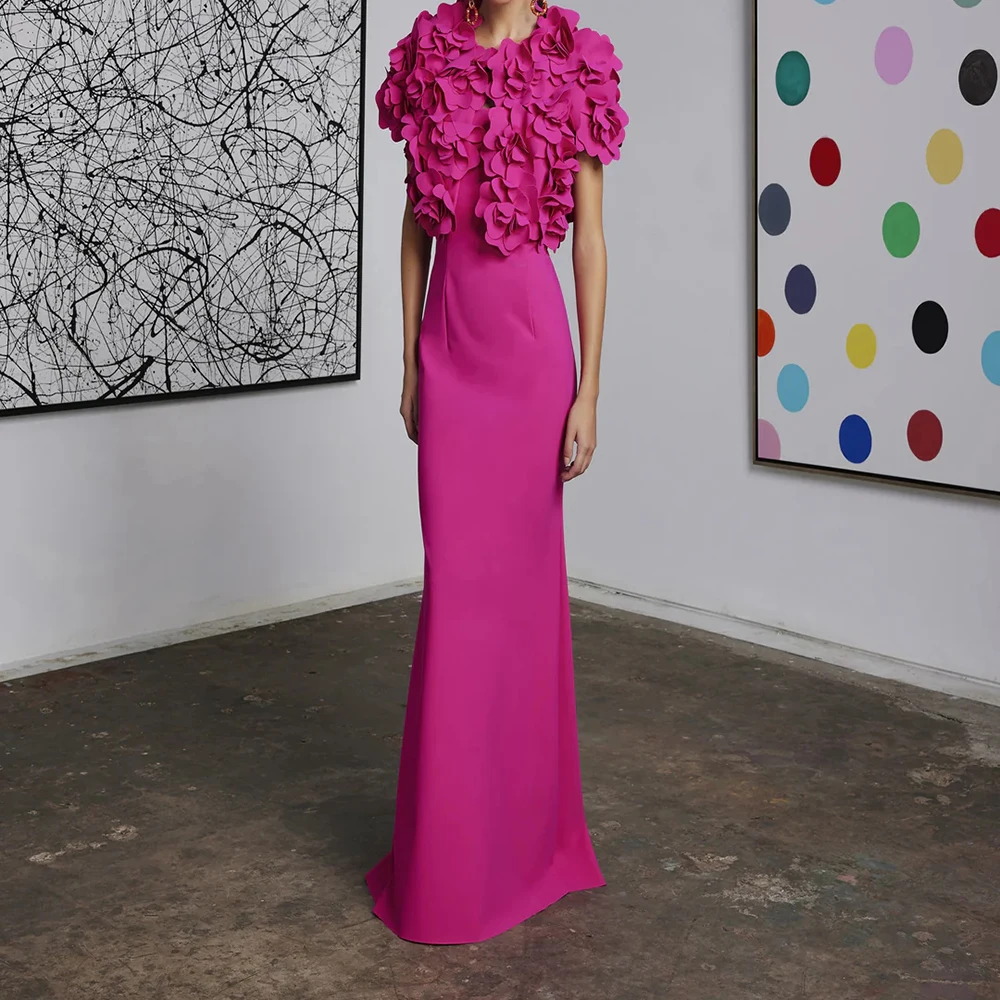 

Customized Mermaid Evening Dresses Floor-length O-neck Sleeveless Prom Gown Fashion Flowers Simple Draped Exquisite Party Gown