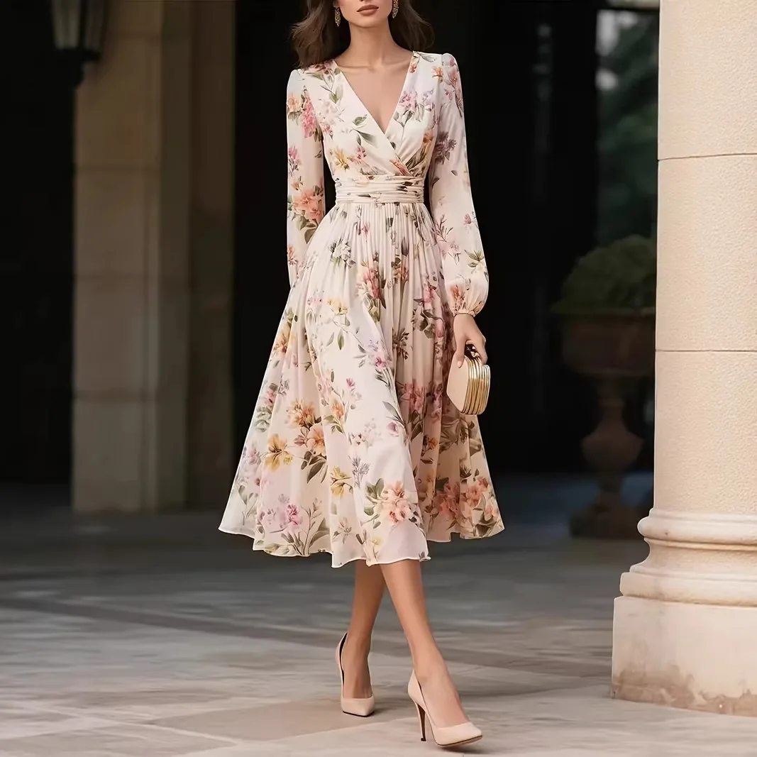 Women's Printed V-neck Long Sleeve Dress, Run! And Autumn. Waist-cinching Slimming Elegant Vacation Long Clothes For Women. Lace