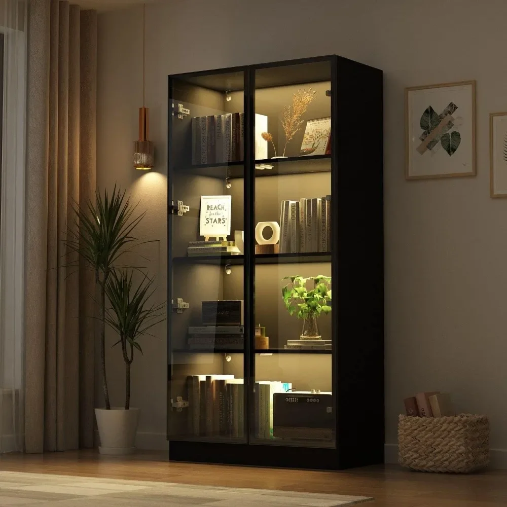 Display Cabinet with Glass Doors and Lights, 4 Shelves for Storage, Trophy Case Display 31.5 "W x 15.7 "D x 63 "H