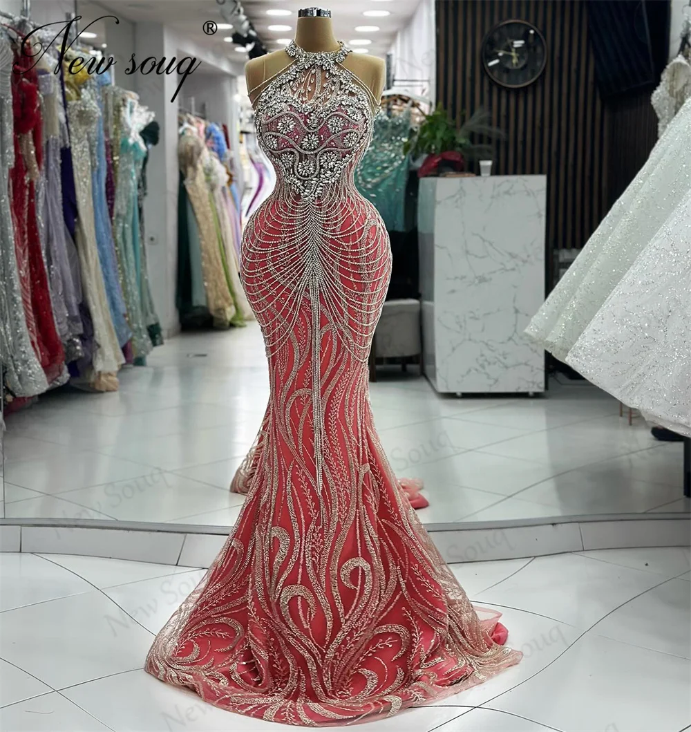 우아한 구슬 장식 이브닝 드레스 홀터 여성용 무도회 원피스, 두바이 웨딩 파티 가운, 약혼 베스티도 드 갈라, 신제품