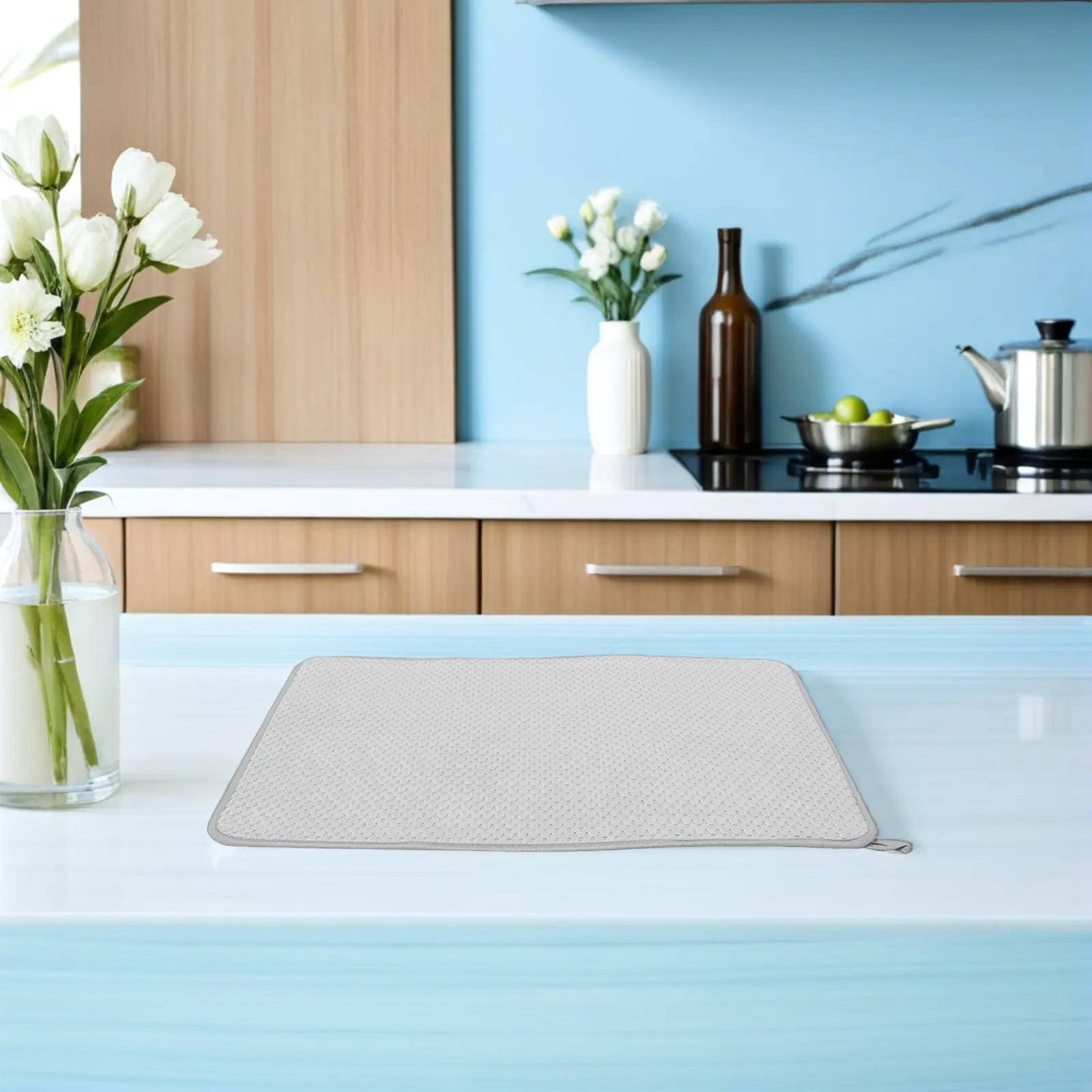 2Pcs Gray Three-Layer Microfiber Dish Drying Mat Nonslip Ultra Absorbent Countertop Sink Drainer Pad Kitchen Bathroom Drying Mat