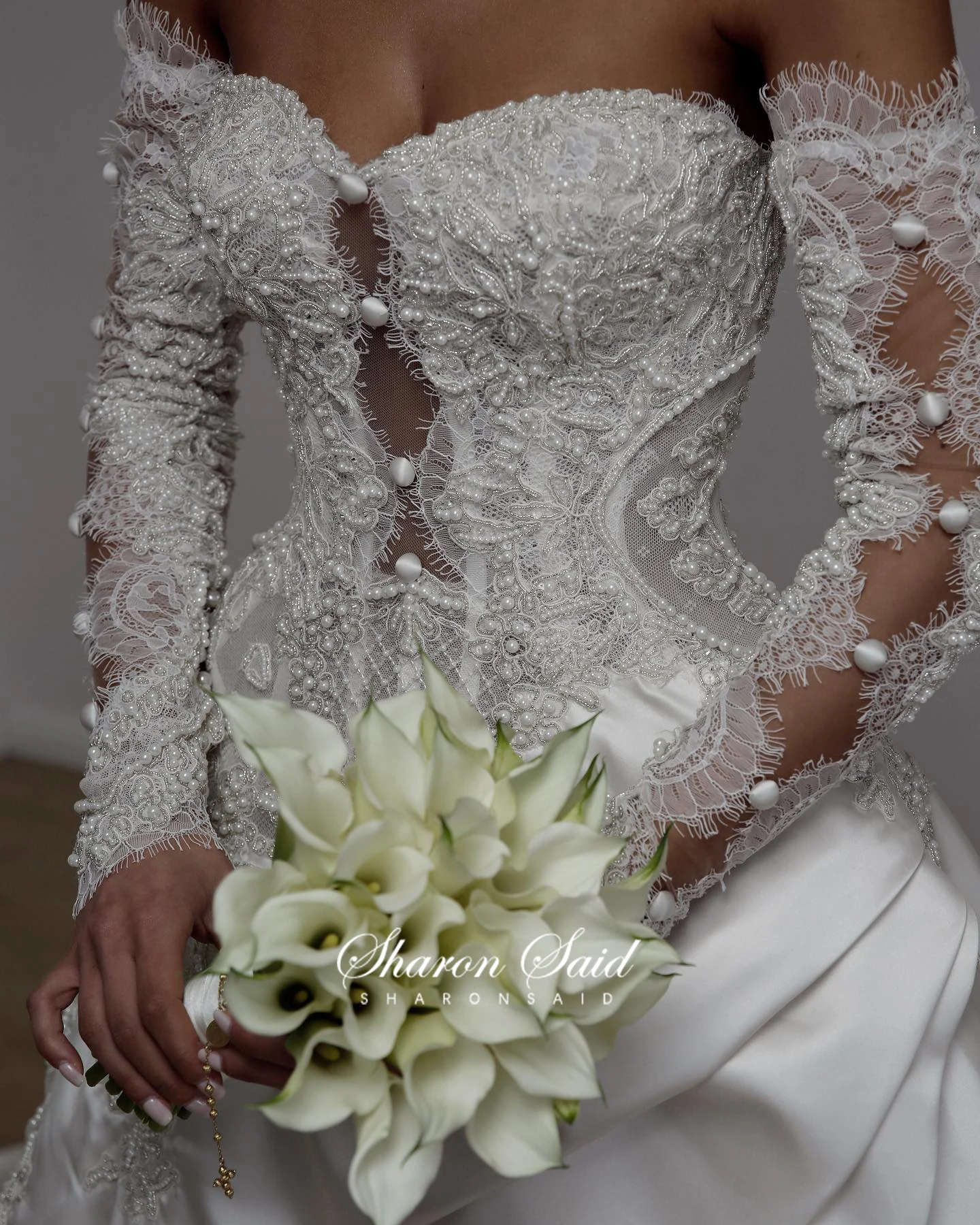 Sharon Said Vintage Lace Long Sleeves Pearls Wedding DressSweetheart Off White Satin A-line Bridal Gowns SW024 Customized