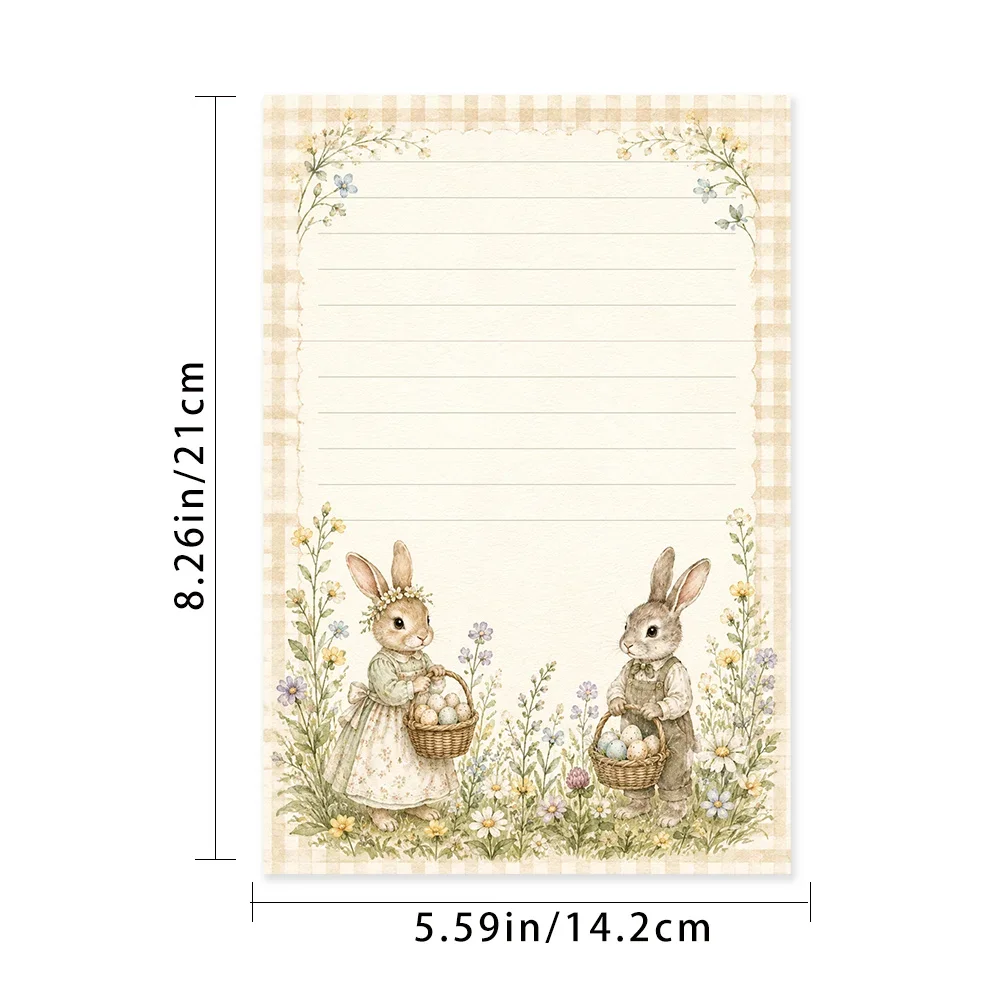 50 Sheets, Retro Easter Bunny Carrying Egg Basket Writing Paper, Lined, Glue-free, Perfect For Notebooks, Memos, And Stickers