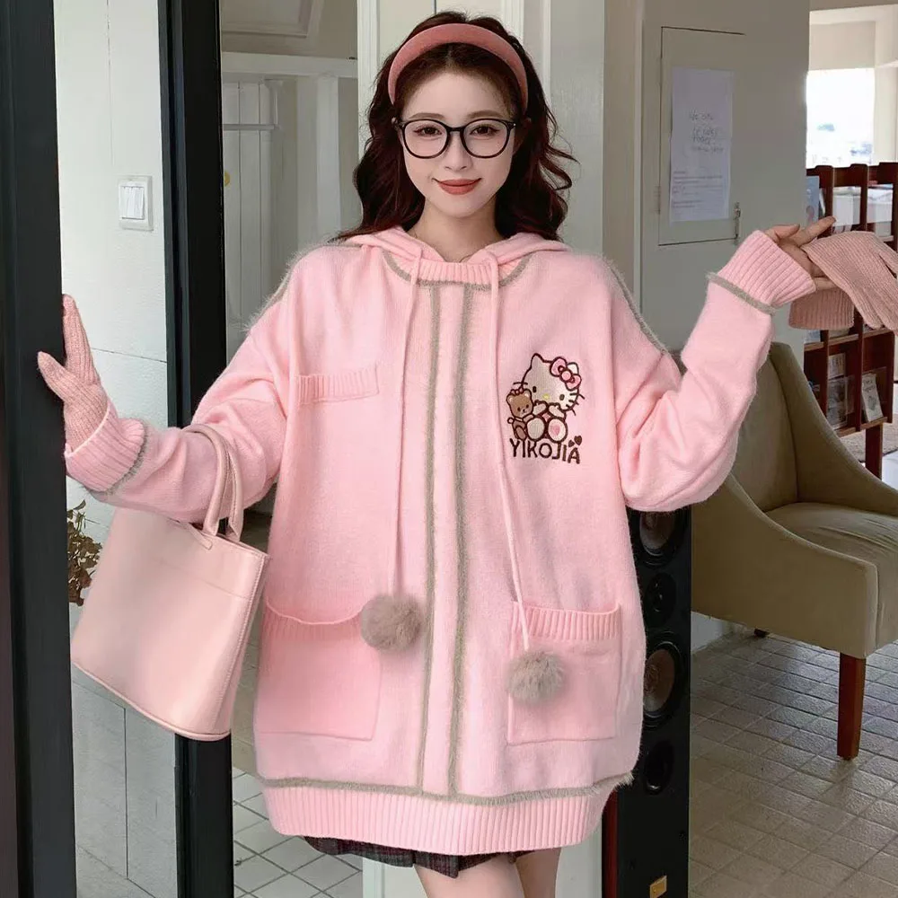 Bluza z kapturem Hello Kitty, sweter, bluza dresowa, Sanrio, damska, kawaii, anime, jesień, zima, haft, słodka, luźna góra