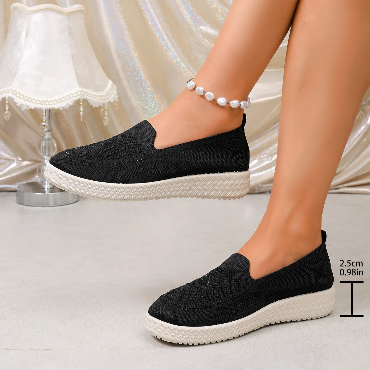 Women Spring/Summer Knitted Breathable Rhinestone Flats Shoes 2025 Comfortable Slip On Mom Shoes Non Slip Casual Sneaker Female